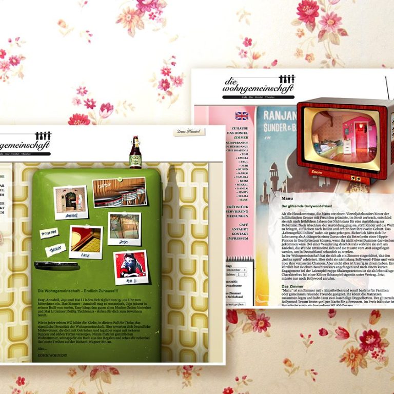 Bunte Collage aus Fotos und Zeitschriften auf einem floralen Hintergrund.