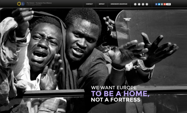 Greens/EFA Kampagne Zwei Menschen zeigen Emotionen, während sie für Menschlichkeit und Sicherheit plädieren.