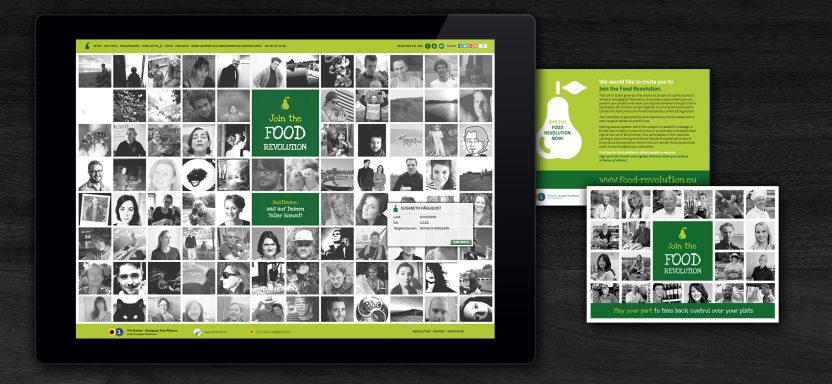 Interaktive Website Kollage von Schwarz-Weiß-Fotos mit einem grünen Hintergrund und Textfeldern.