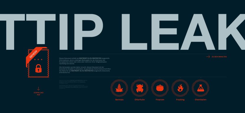 TTIP Leak Landingpage "Grafik mit dem Text 'TTIP Leak' und Symbolen für Datenschutz und Informationssicherheit."