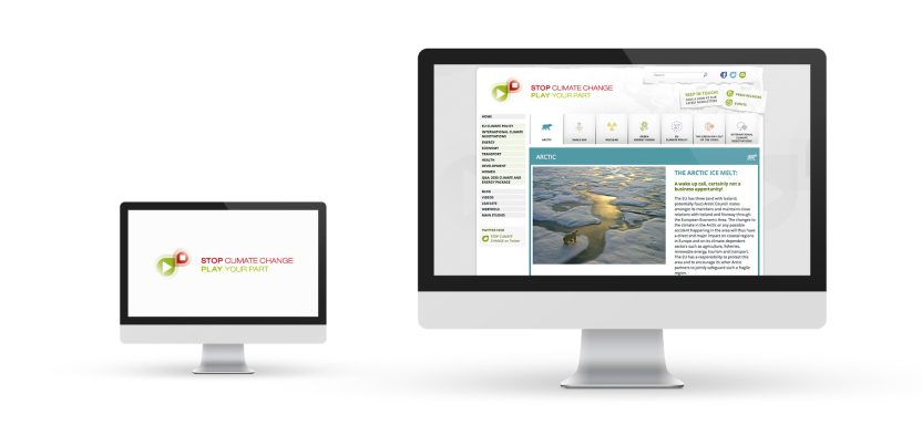 Logo und Website Zwei Computerbildschirme zeigen eine Website mit einem farbigen Logo und Text.