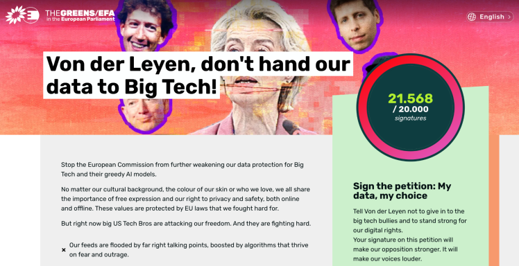 Petitionsseite Protest gegen die Datenweitergabe an große Technologieunternehmen mit Slogans und Portraits.