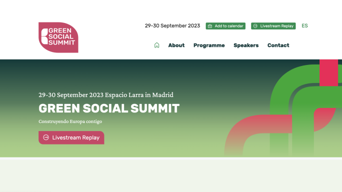 Logo der Green Social Summit 2023 mit Datum und Schaltfläche für weitere Informationen.