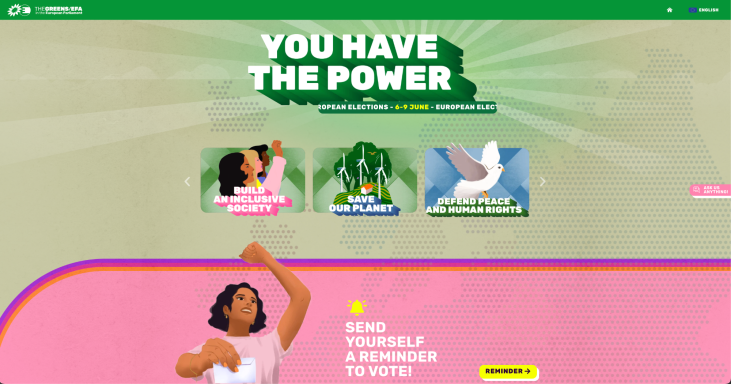 Bunte Website mit dem Slogan "Du hast die Macht" und Illustrationen von Frauen und Natur.