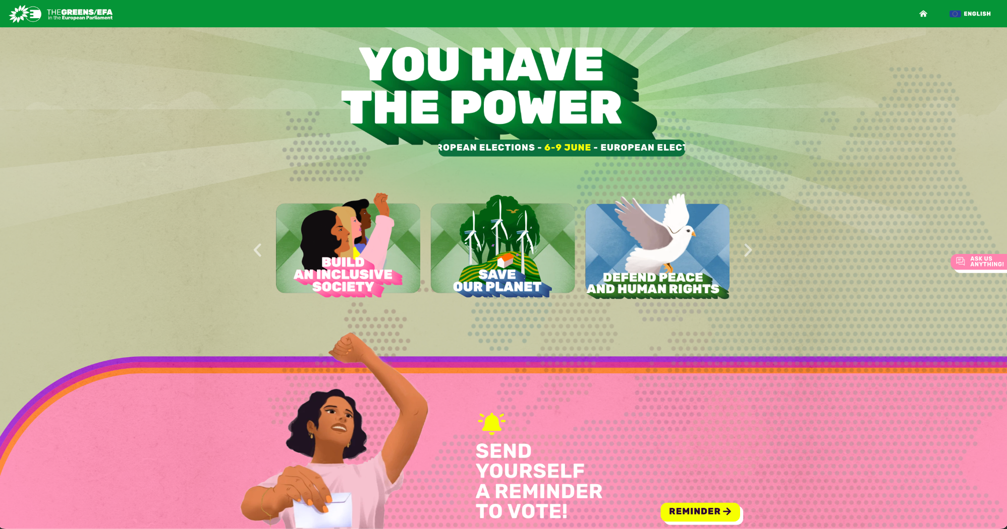 Website EU Elections Greens/EFA Frau mit erhobener Faust, umgeben von bunten Grafiken und inspirierenden Texten.