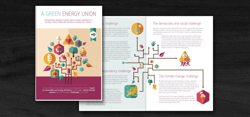Broschüre Grafik mit bunten Icons, die Ideen und Informationen visualisieren, begleitet von einem Buchcover.