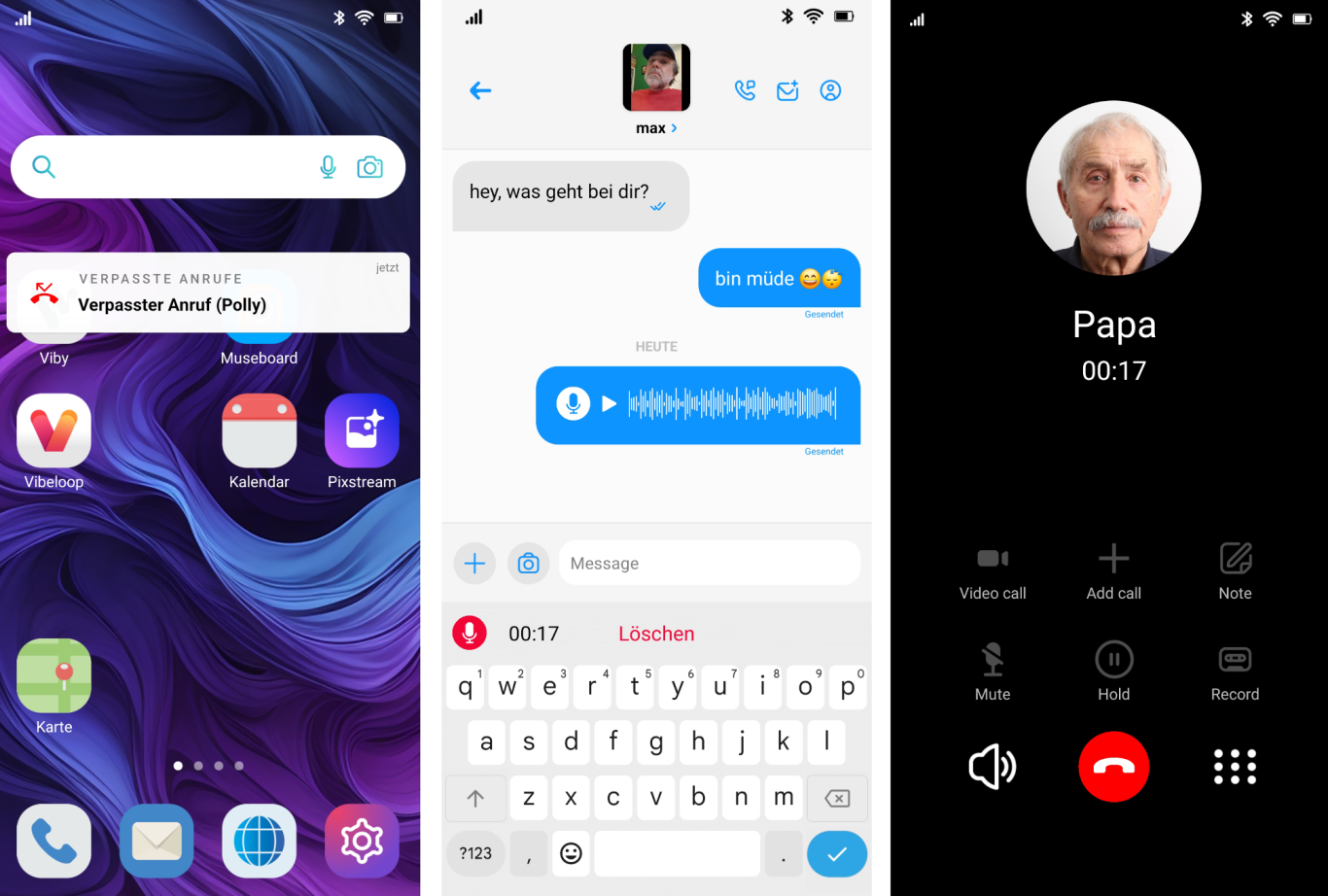 Drei Smartphone-Bildschirme mit einer Chat-Nachricht und einem Anrufbildschirm.