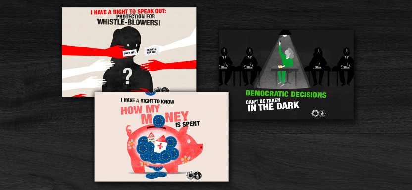 Share Pics für Social Media Grafiken mit stilisierten Silhouetten und Texten zu Themen der Geheimhaltung und Fragestellungen.